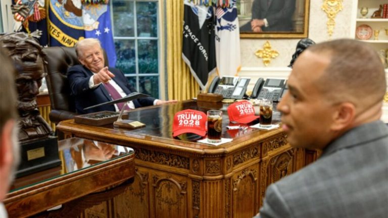 Trump taunts Democrat leaders with ‘Trump 2028’ hats in Oval Office as shutdown approaches